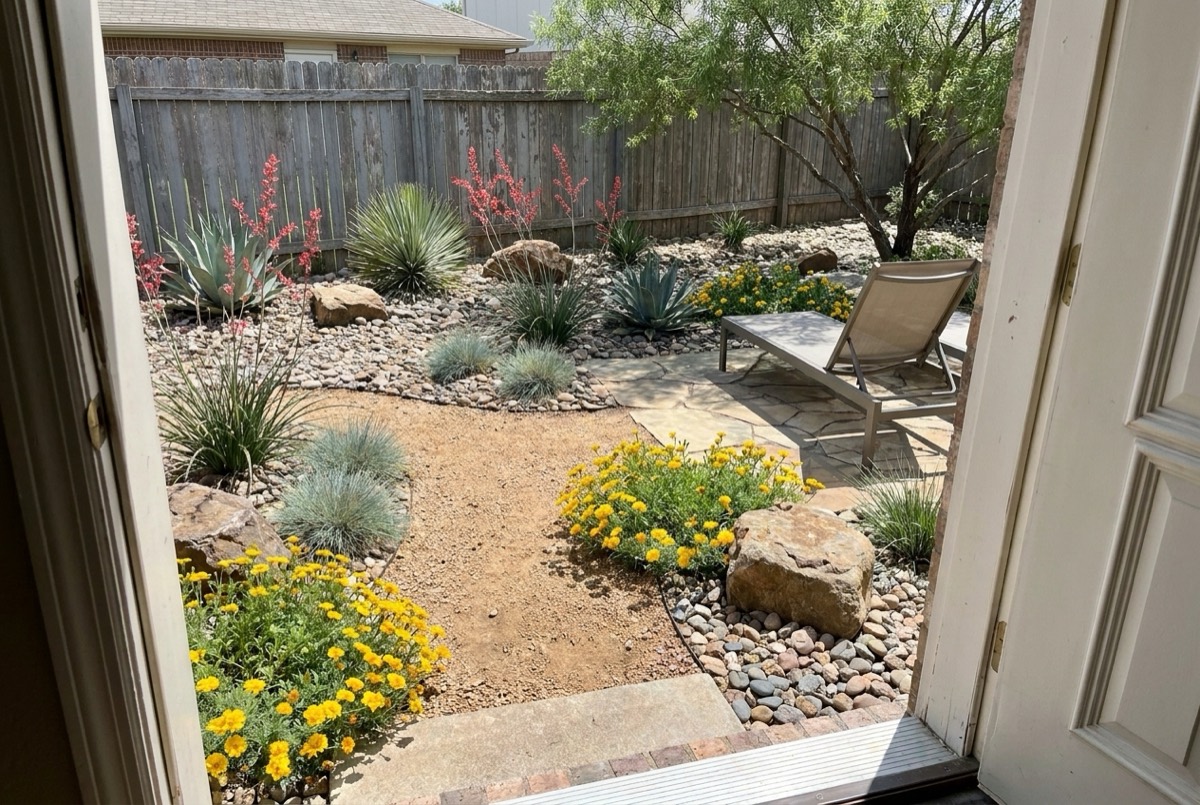 Drought-tolerant xeriscape backyard