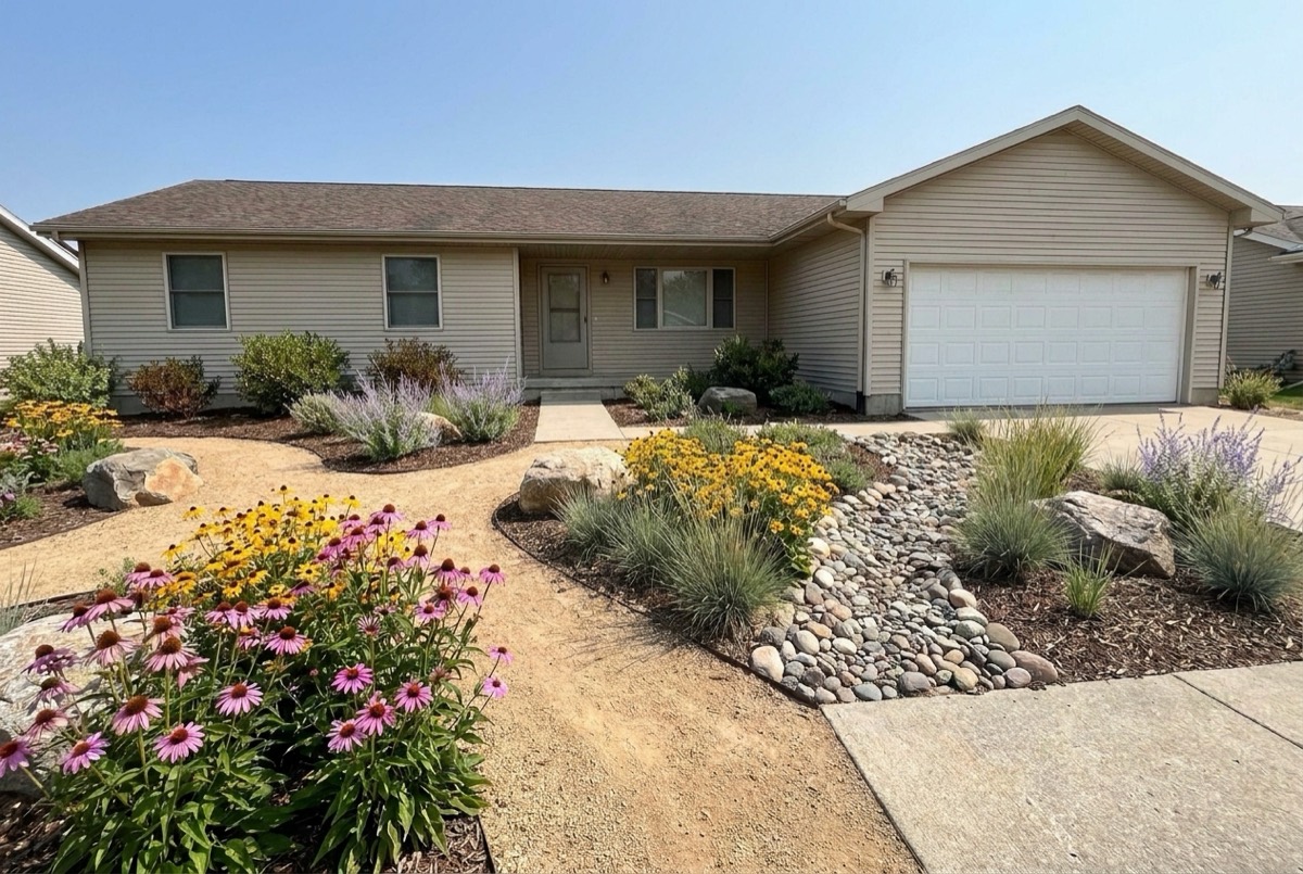 Native, drought-tolerant front yard with a dry creek bed